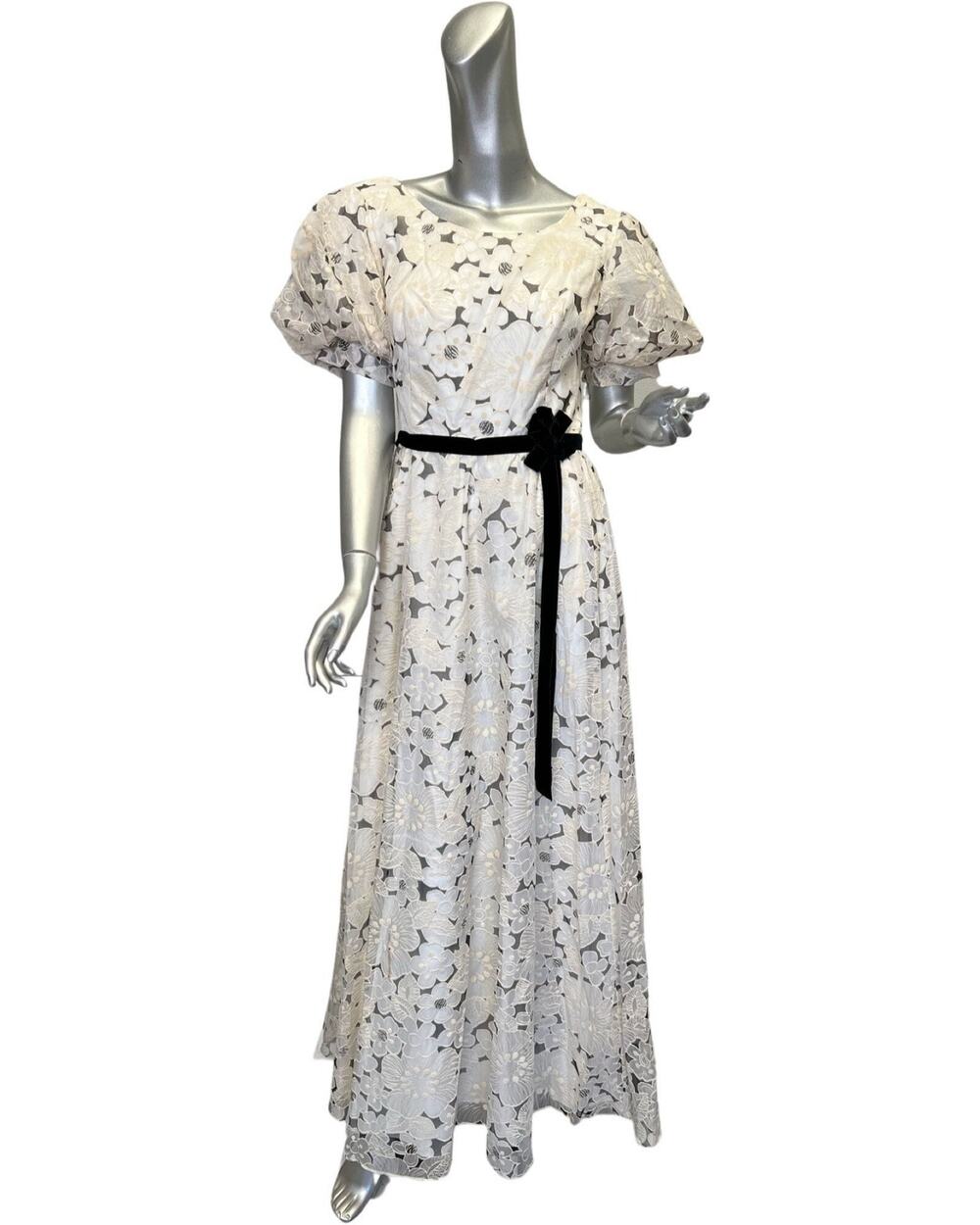 Vintage 1970s Nadine Black White Floral Regencycore Maxi Dress Med/Large